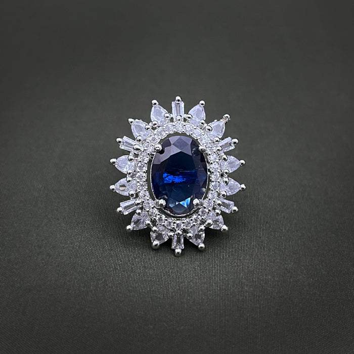 Silver-Plated Sapphire and CZ Oval Shape Adjustable Ring