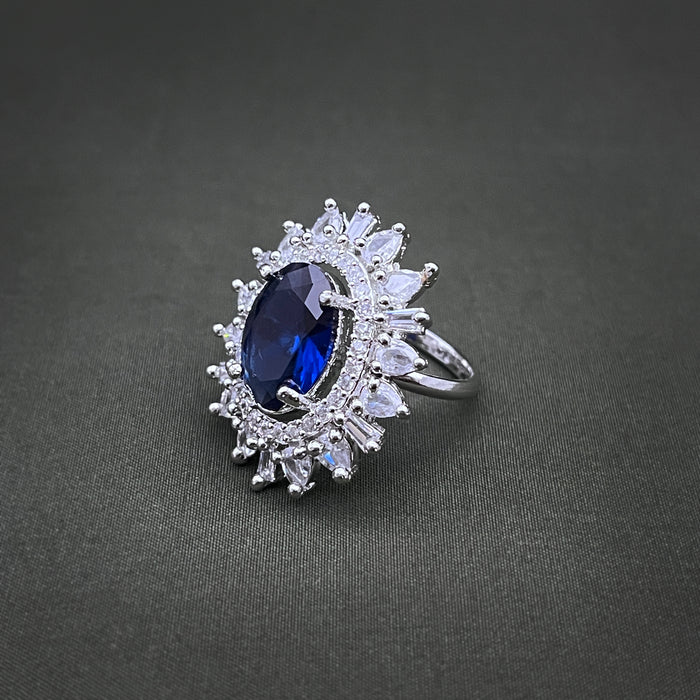 Silver-Plated Sapphire and CZ Oval Shape Adjustable Ring