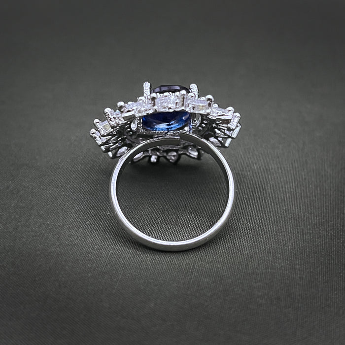 Silver-Plated Sapphire and CZ Oval Shape Adjustable Ring