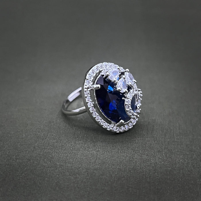 Silver-Plated Sapphire and CZ Designer Oval Shape Adjustable Ring