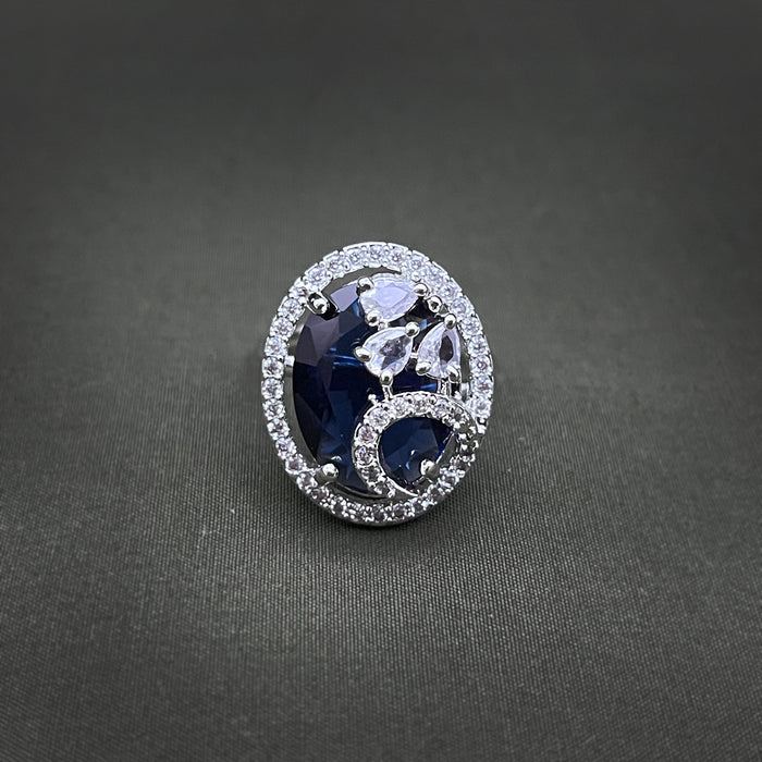 Silver-Plated Sapphire and CZ Designer Oval Shape Adjustable Ring