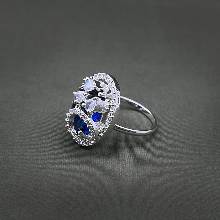 Silver-Plated Sapphire and CZ Designer Oval Shape Adjustable Ring