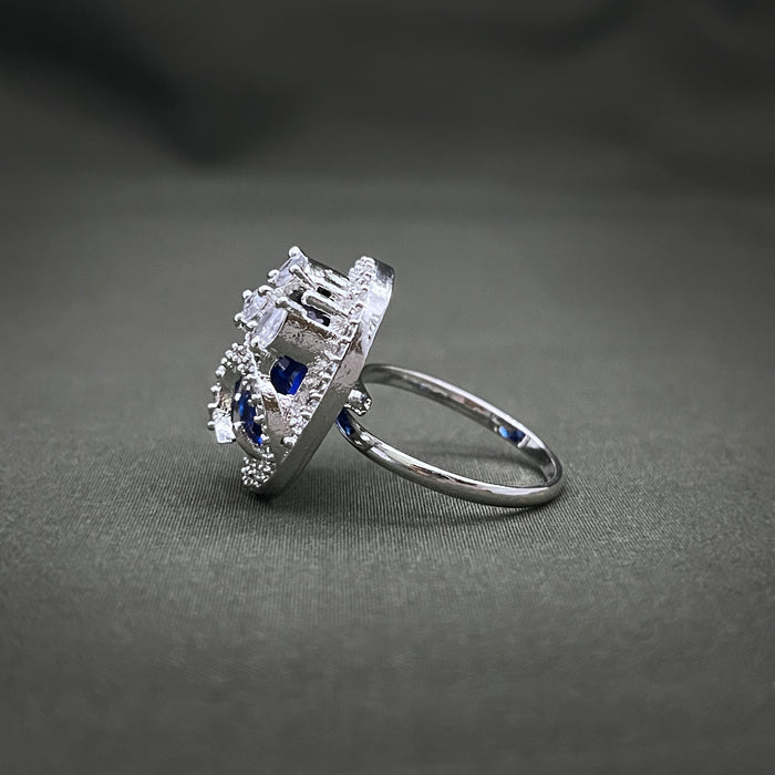 Silver-Plated Sapphire and CZ Designer Oval Shape Adjustable Ring