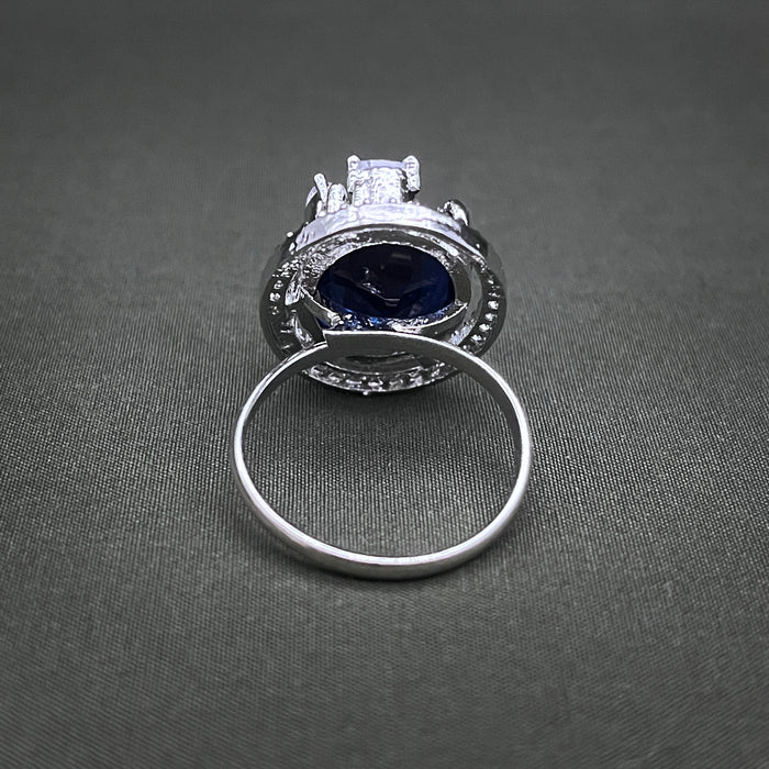 Silver-Plated Sapphire and CZ Designer Oval Shape Adjustable Ring