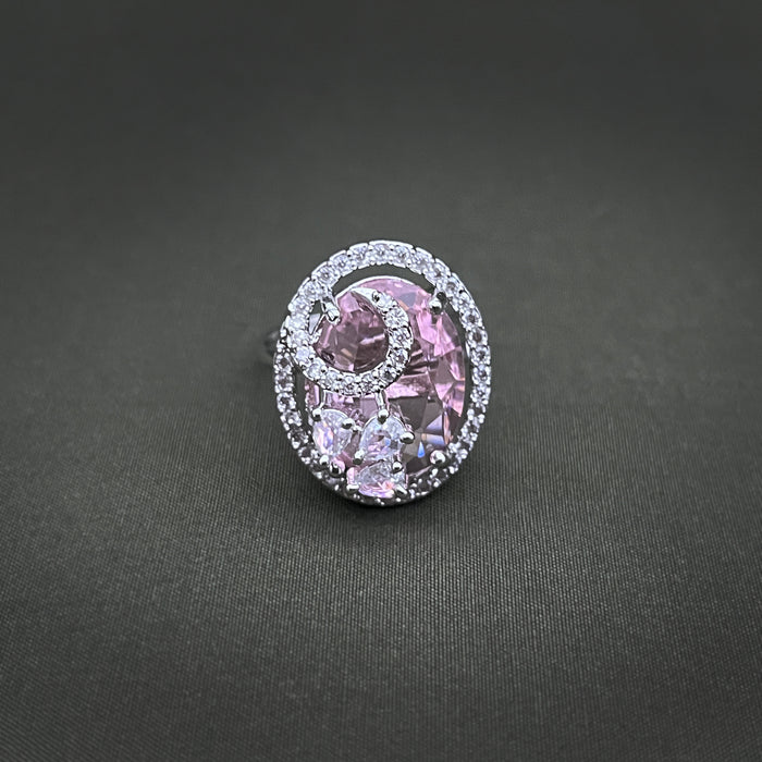 Silver-Plated Rose Quartz and CZ Designer Oval Shape Adjustable Ring