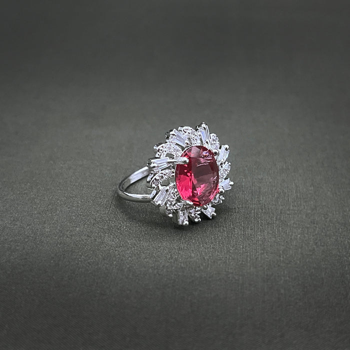 Silver-Plated Ruby and CZ Designer Oval Shape Adjustable Ring