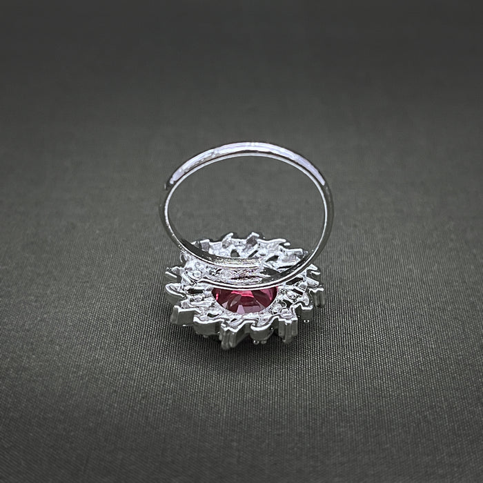 Silver-Plated Ruby and CZ Designer Oval Shape Adjustable Ring