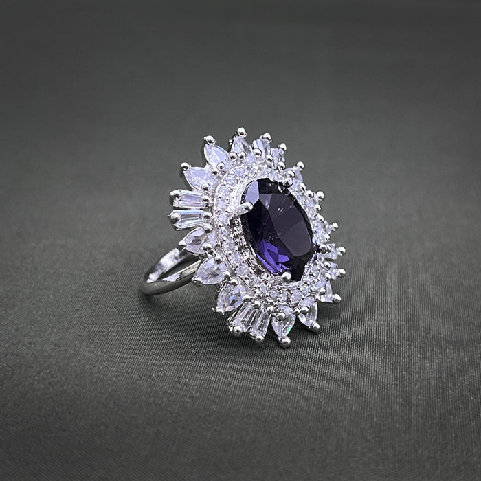 Silver-Plated Purple Amethyst and CZ Oval Shape Adjustable Ring