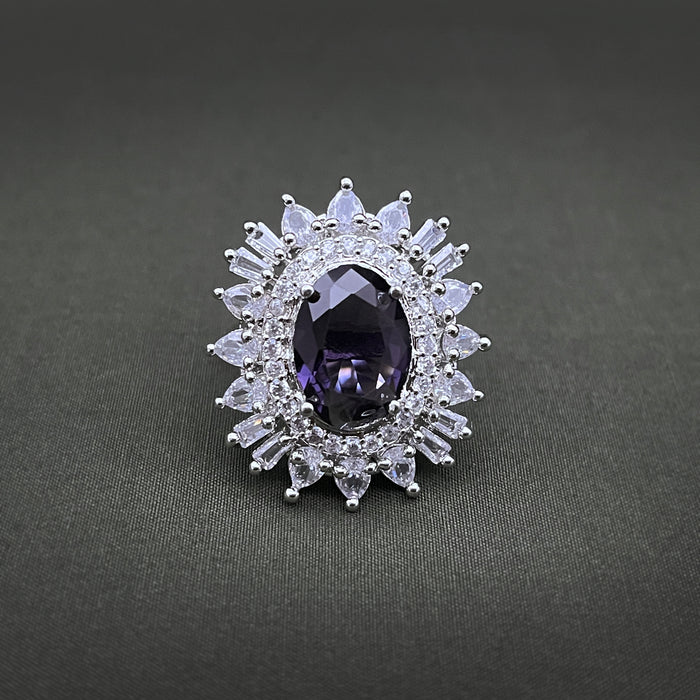 Silver-Plated Purple Amethyst and CZ Oval Shape Adjustable Ring