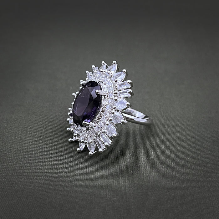 Silver-Plated Purple Amethyst and CZ Oval Shape Adjustable Ring