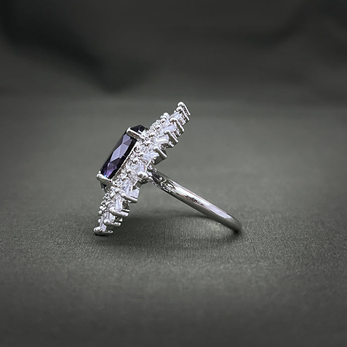 Silver-Plated Purple Amethyst and CZ Oval Shape Adjustable Ring