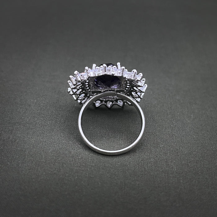 Silver-Plated Purple Amethyst and CZ Oval Shape Adjustable Ring