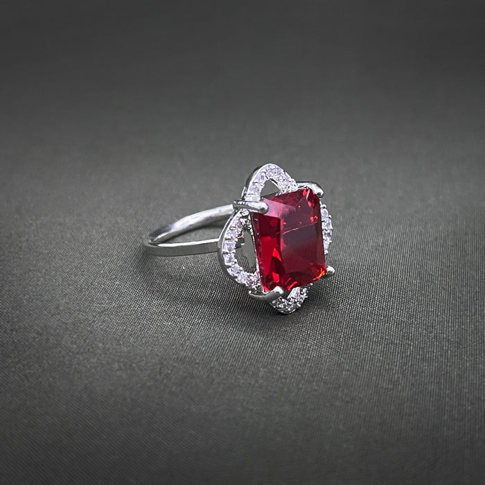 Silver-Plated Ruby and CZ Designer Square Shape Adjustable Ring