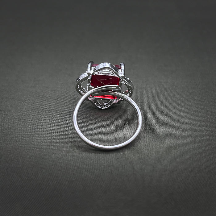 Silver-Plated Ruby and CZ Designer Square Shape Adjustable Ring