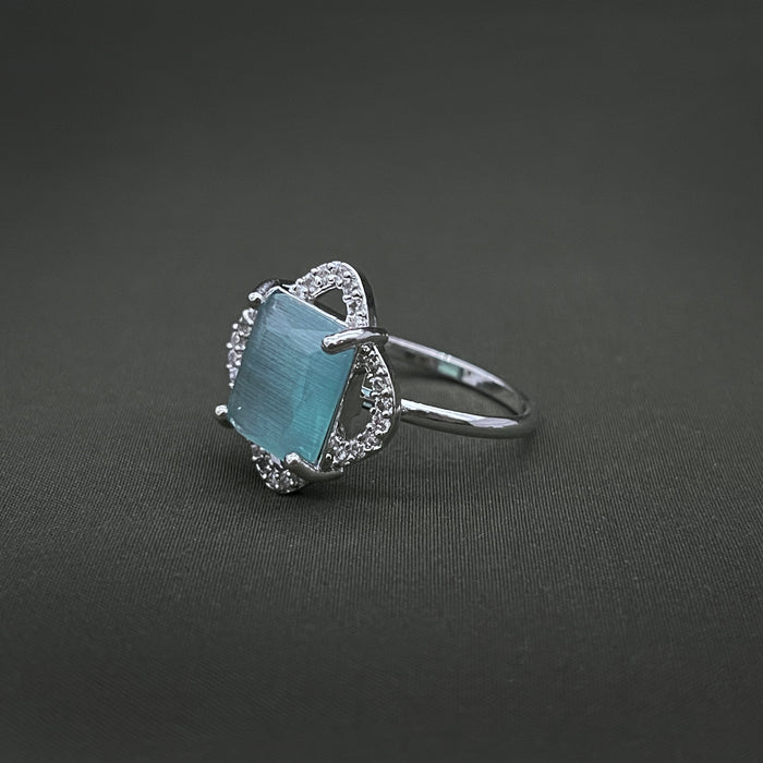 Silver-Plated Adjustable Brass Ring with Aquamarine and CZ Stones