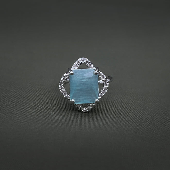 Silver-Plated Adjustable Brass Ring with Aquamarine and CZ Stones