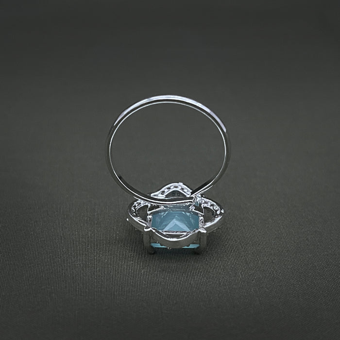 Silver-Plated Adjustable Brass Ring with Aquamarine and CZ Stones