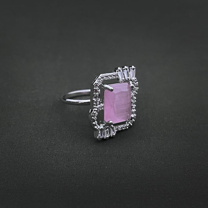 Silver-Plated Adjustable Brass Ring with Rose Quartz & CZ Stones