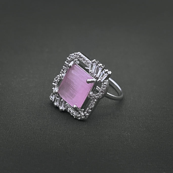 Silver-Plated Adjustable Brass Ring with Rose Quartz & CZ Stones