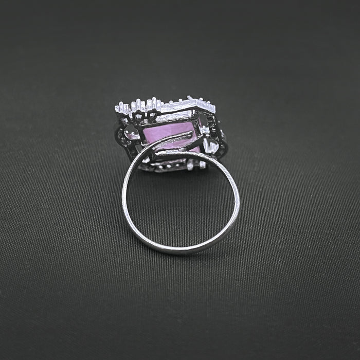 Silver-Plated Adjustable Brass Ring with Rose Quartz & CZ Stones