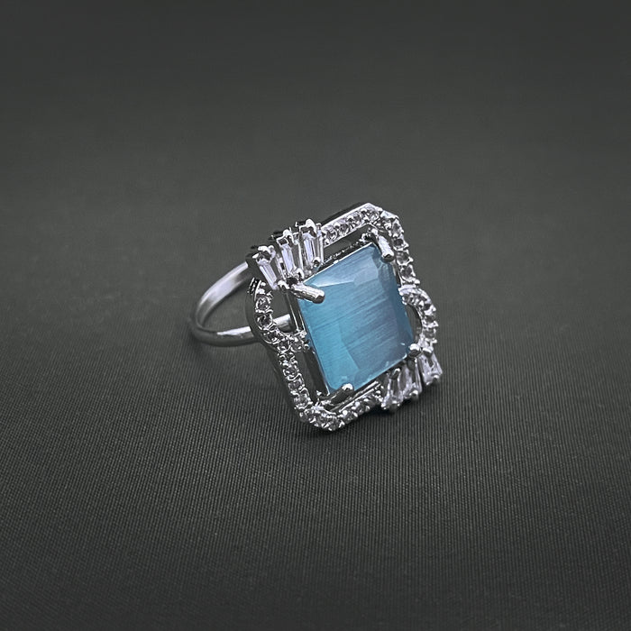 Silver-Plated Adjustable Brass Ring with Aquamarine & CZ Stones