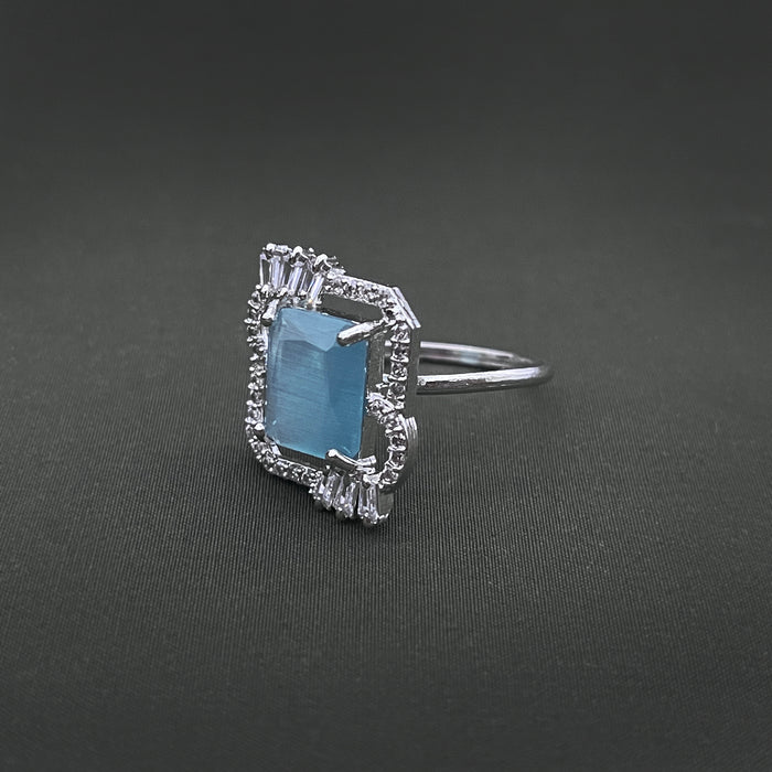 Silver-Plated Adjustable Brass Ring with Aquamarine & CZ Stones