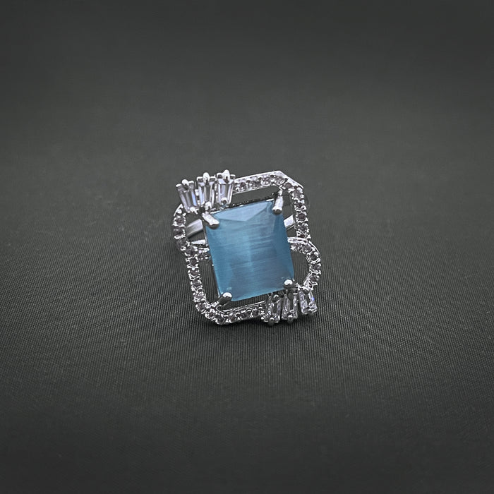 Silver-Plated Adjustable Brass Ring with Aquamarine & CZ Stones