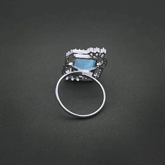 Silver-Plated Adjustable Brass Ring with Aquamarine & CZ Stones