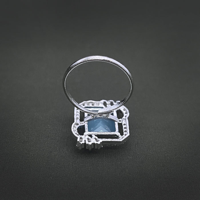 Silver-Plated Adjustable Brass Ring with Aquamarine & CZ Stones