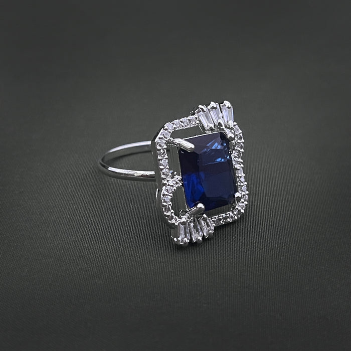 Silver-Plated Adjustable Brass Ring with Blue Sapphire & CZ Stones