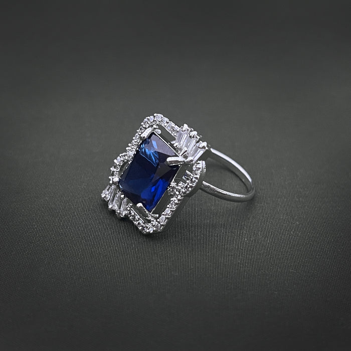 Silver-Plated Adjustable Brass Ring with Blue Sapphire & CZ Stones