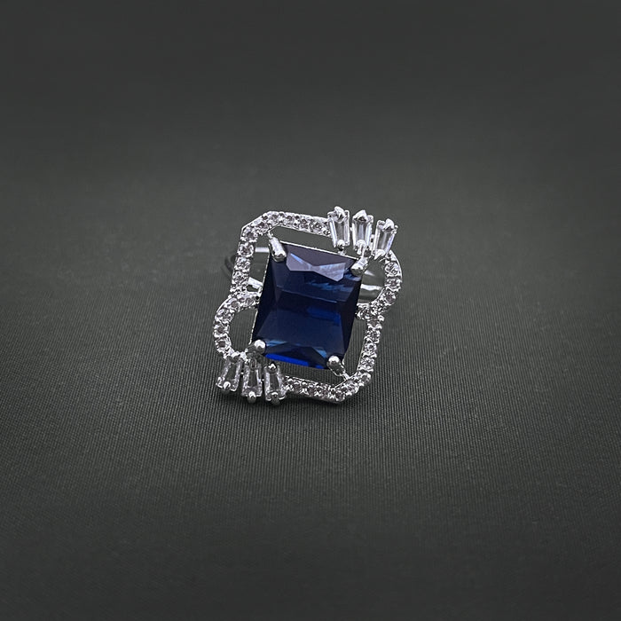 Silver-Plated Adjustable Brass Ring with Blue Sapphire & CZ Stones