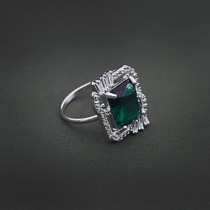 Silver-Plated Adjustable Brass Ring with Emerald & CZ Stones