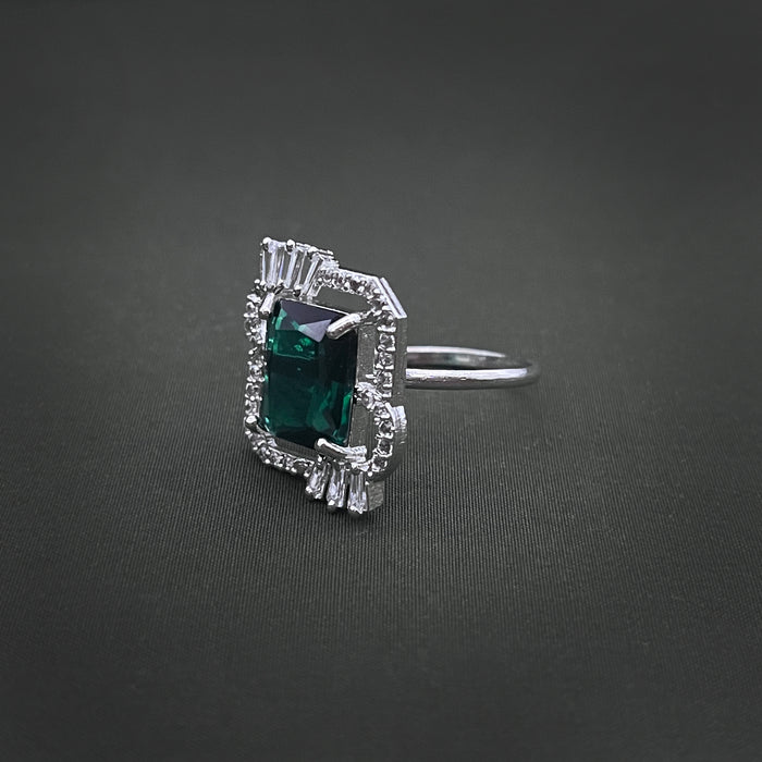 Silver-Plated Adjustable Brass Ring with Emerald & CZ Stones