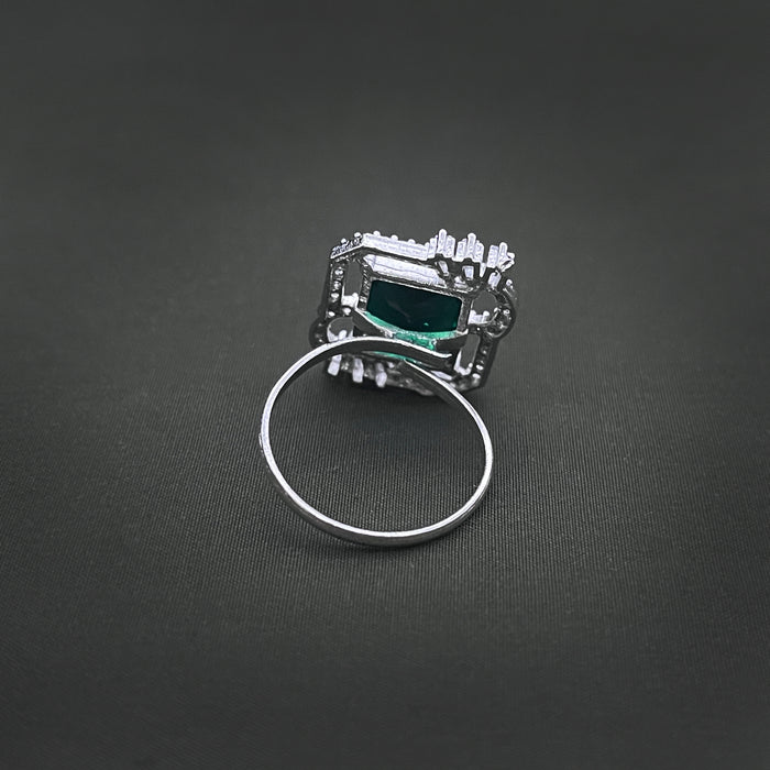 Silver-Plated Adjustable Brass Ring with Emerald & CZ Stones