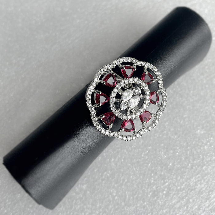 Radiant Charm: AD Ruby Stone & CZ Stones Silver Plated Ring