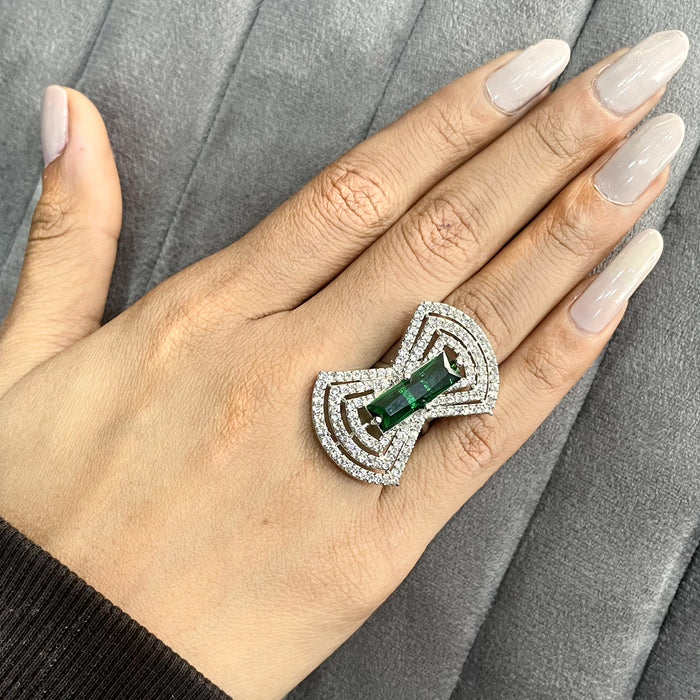 Silver Plated Adjustable Ring with Emerald and CZ Stones - Diwam Jewels