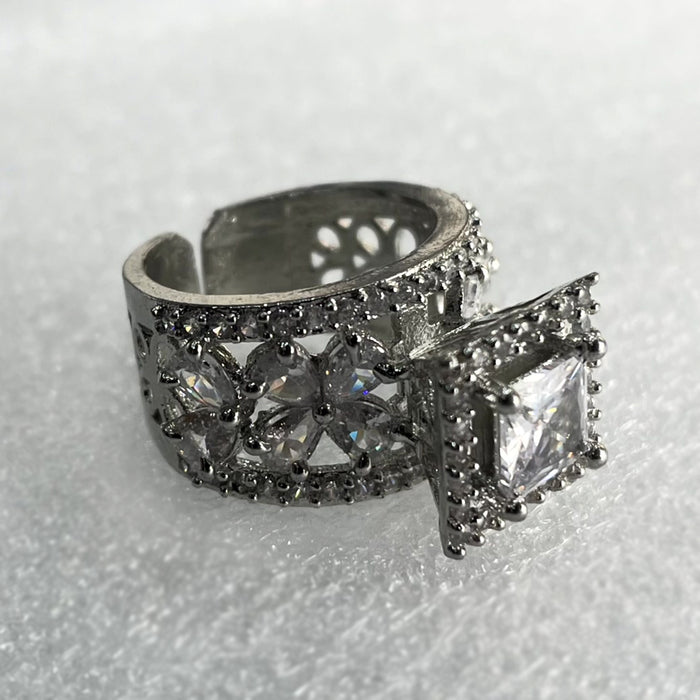 Elegant Silver Plated Adjustable Ring with Zircon and CZ Stones - Diwam Jewels