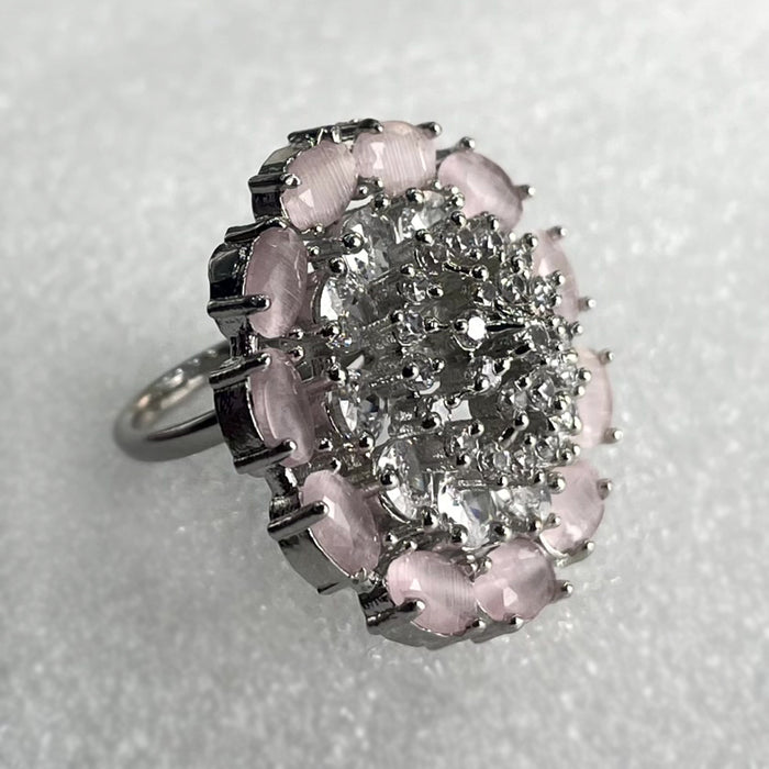 Flower Designer Rose Quartz & Silver Plated Ring