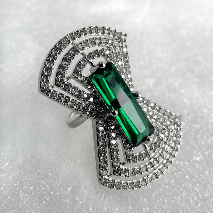 Silver Plated Adjustable Ring with Emerald and CZ Stones - Diwam Jewels