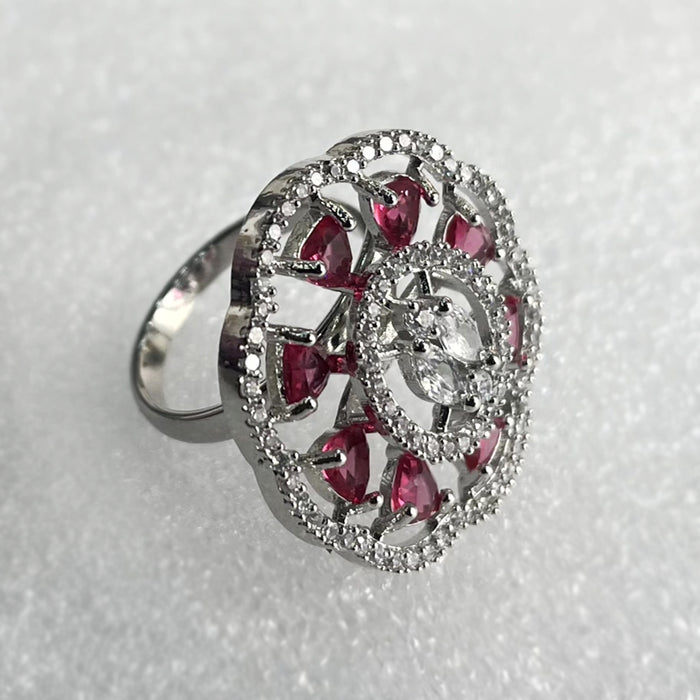 Radiant Charm: AD Ruby Stone & CZ Stones Silver Plated Ring