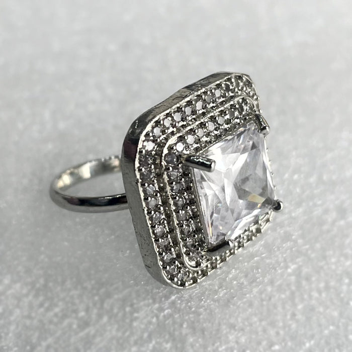 Silver Plated Adjustable Ring with Zircon and CZ Stones