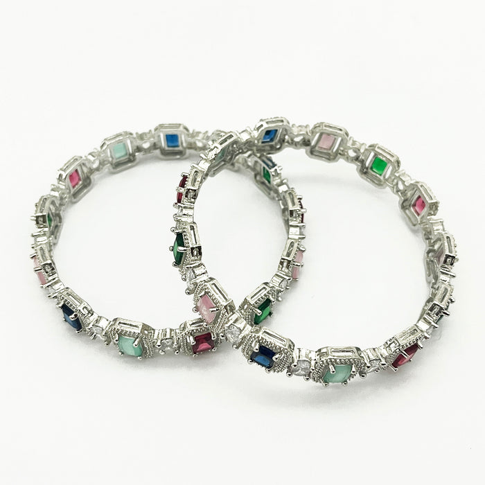 Stunning Multi-Color Gemstone Bangle for Women – Elegant Silver-Plated Design