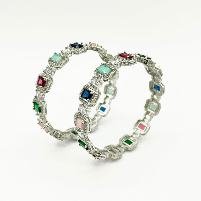 Stunning Multi-Color Gemstone Bangle for Women – Elegant Silver-Plated Design