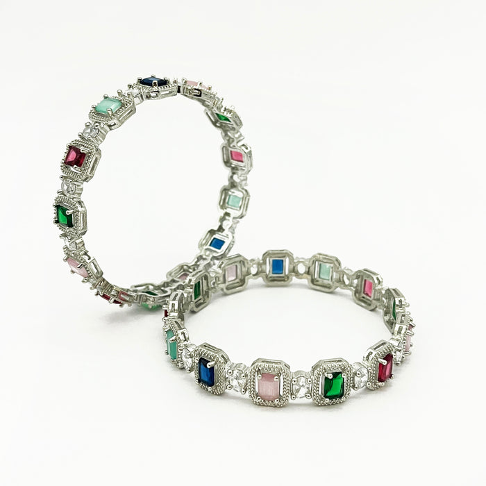 Stunning Multi-Color Gemstone Bangle for Women – Elegant Silver-Plated Design