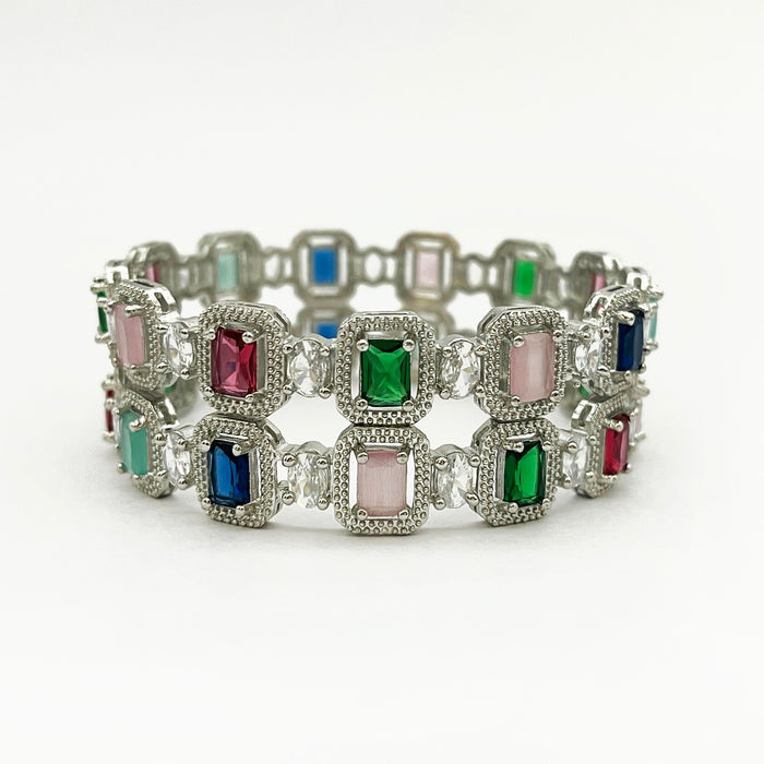 Stunning Multi-Color Gemstone Bangle for Women – Elegant Silver-Plated Design