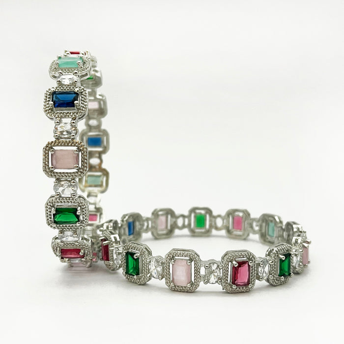 Stunning Multi-Color Gemstone Bangle for Women – Elegant Silver-Plated Design