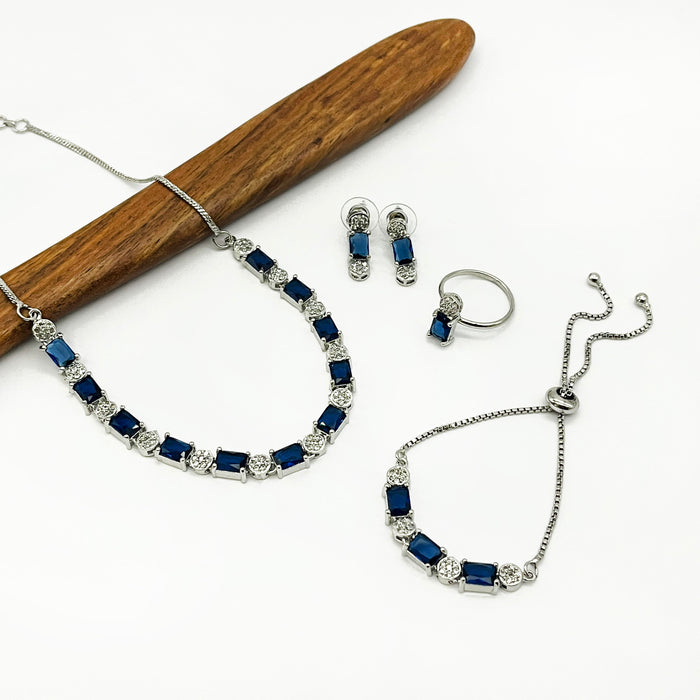 Blue Sapphire Gemstone Jewelry Set for Women – Necklace, Earrings, Bracelet, and Ring