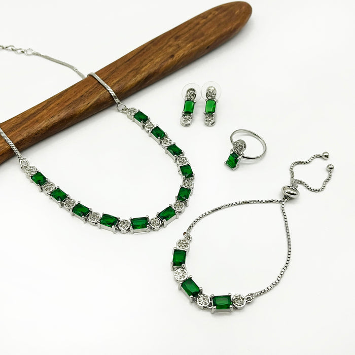 Women's Emerald Stone Jewelry Set – Necklace, Earrings, Bracelet, and Ring