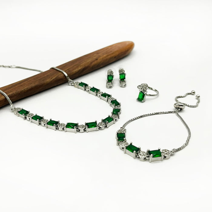 Women's Emerald Stone Jewelry Set – Necklace, Earrings, Bracelet, and Ring